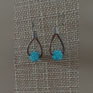 Handmade Sparkly Light Blue Bead And Dark Brown Leather Earrings